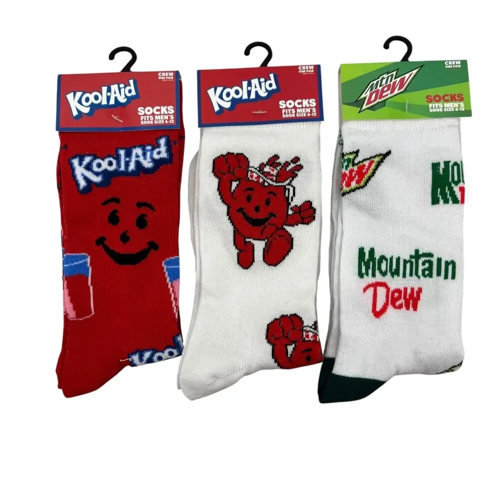 Kool-Aid Mountain Dew Novelty Socks Mens OSFM Crew Fit Mid Calf 3 Pairs